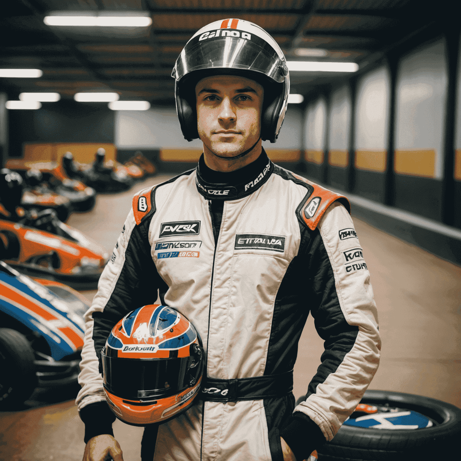 Portret van een man met een racehelm onder zijn arm, staand naast een kart op een indoor kartbaan