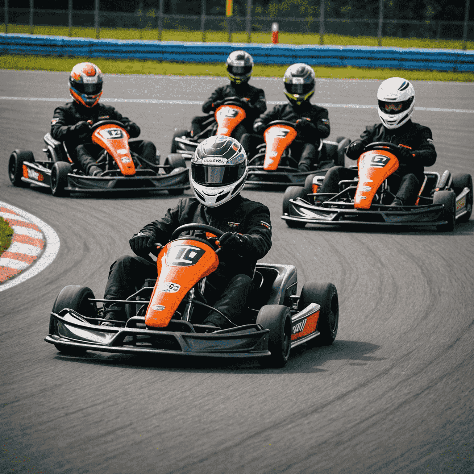 Een groep karters op een Nederlandse kartbaan, klaar om te racen. De baan heeft scherpe bochten en lange rechte stukken.