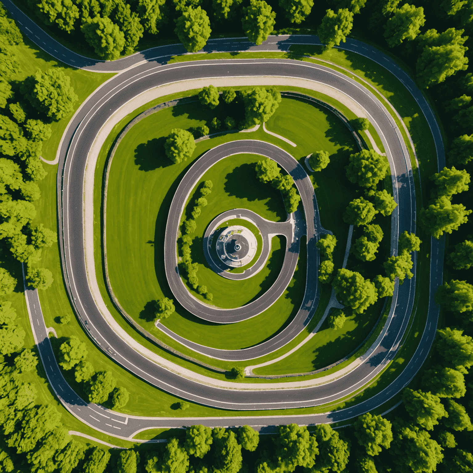 Luchtfoto van Circuit Park Berghem, een uitdagende kartbaan met scherpe bochten en lange rechte stukken, omringd door groene bossen