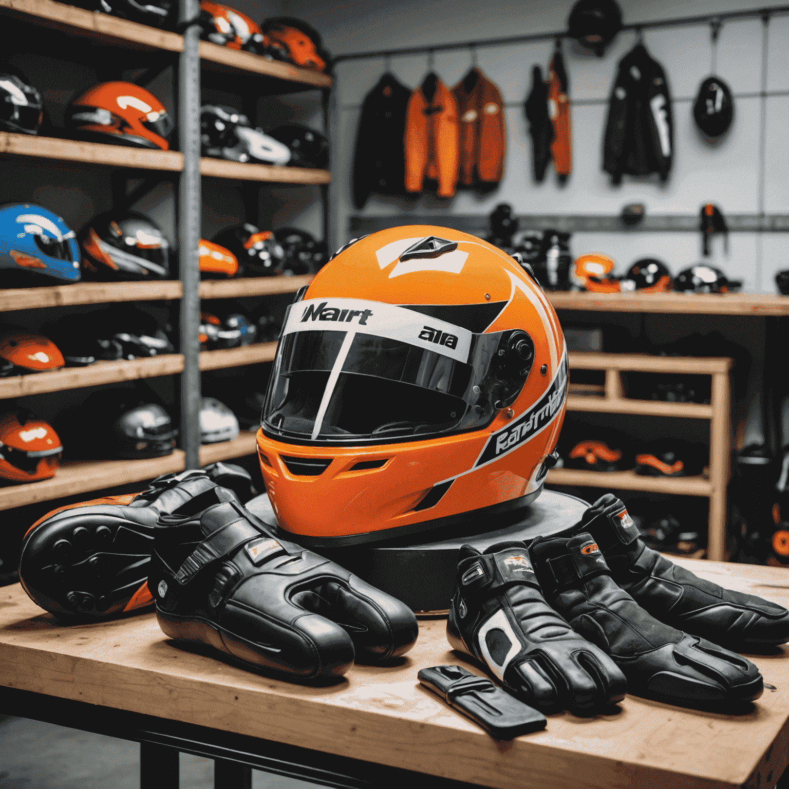 Een set professionele kartinguitrusting inclusief helm, handschoenen, pak en schoenen, uitgestald op een werkbank in een kartgarage.