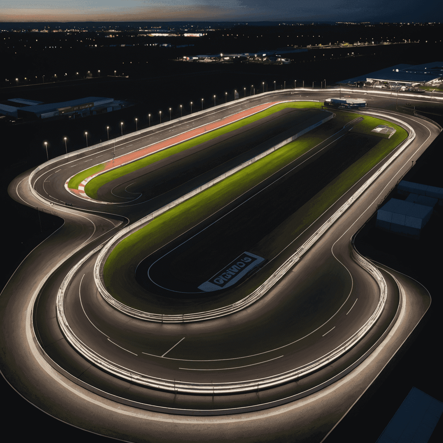 Nachtopname van Raceway Venray met verlichte baan en pitstraat