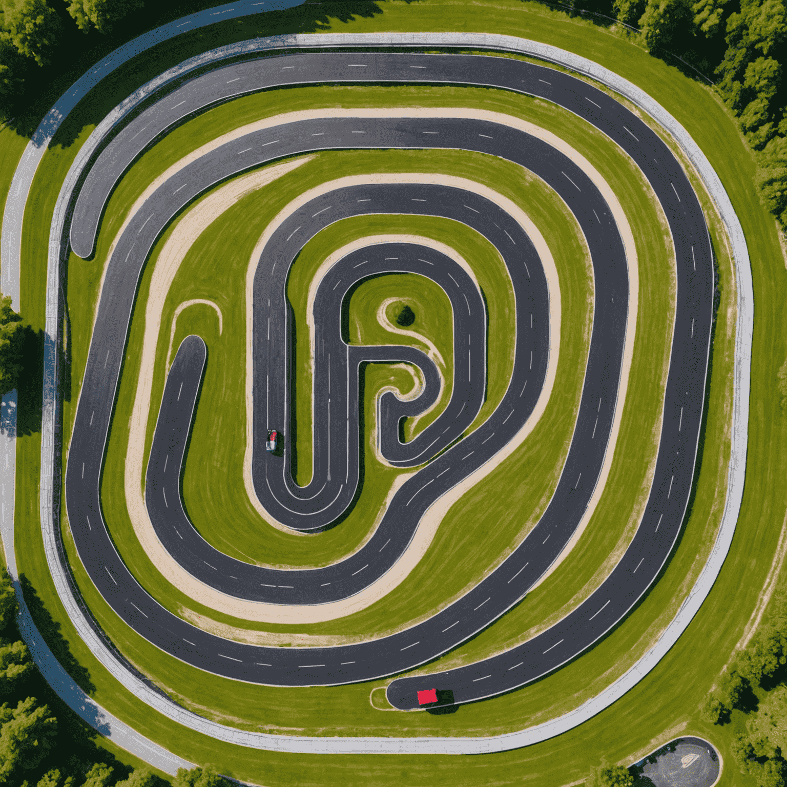 Luchtfoto van een uitdagende Nederlandse kartbaan met verschillende soorten bochten, een lang recht stuk en pitstraat.