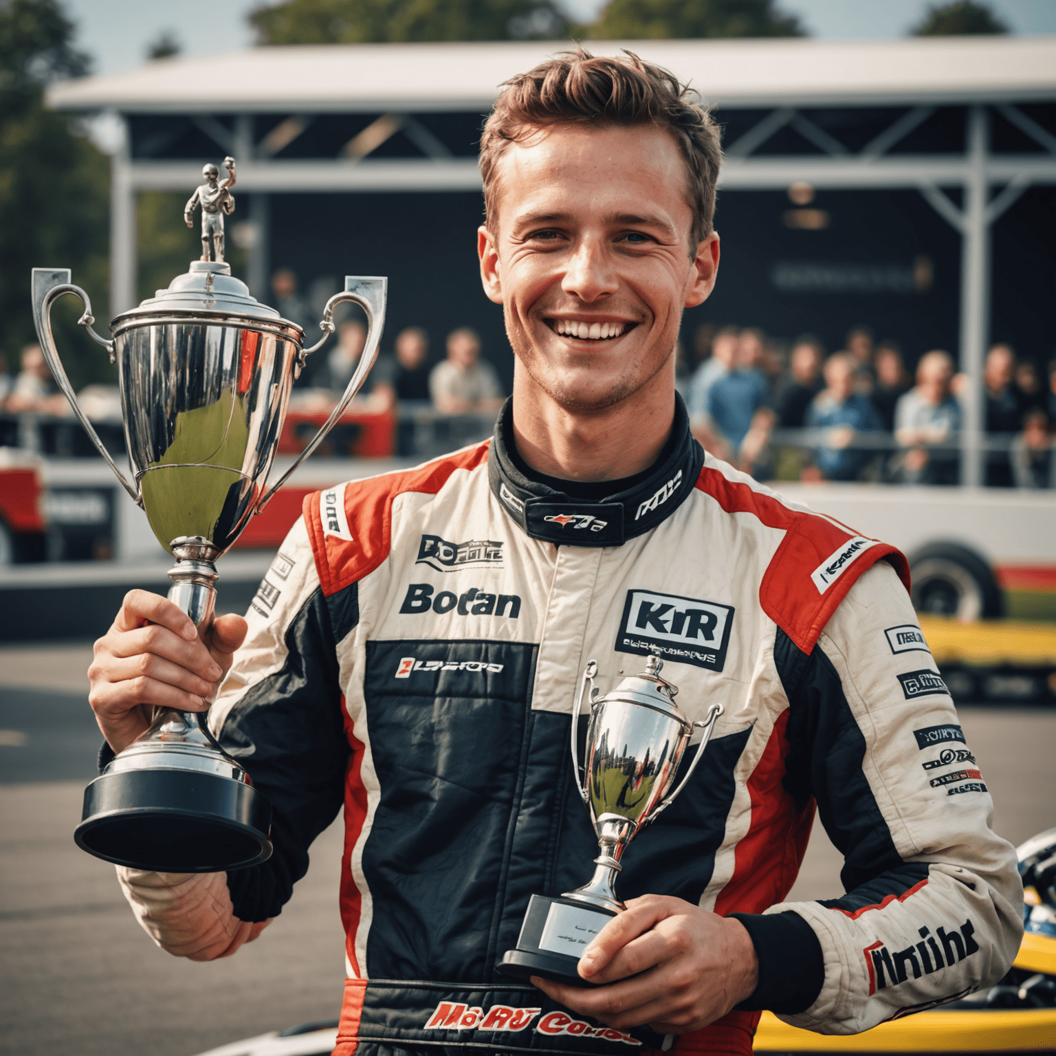 Marijn Kremers op het podium na een kartrace, met een grote glimlach en een trofee